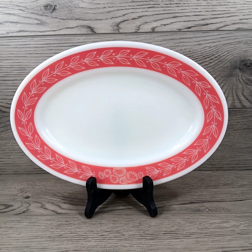 Vintage Corning Pyrex Milk Glass Red Laurel Leaf 11" Oval Platter