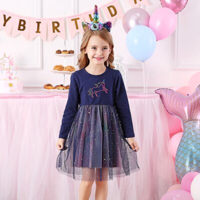 Unicorn Dress Girl Autumn Long Sleeve Dark Gauze Dresses Kids School  Princess | eBay