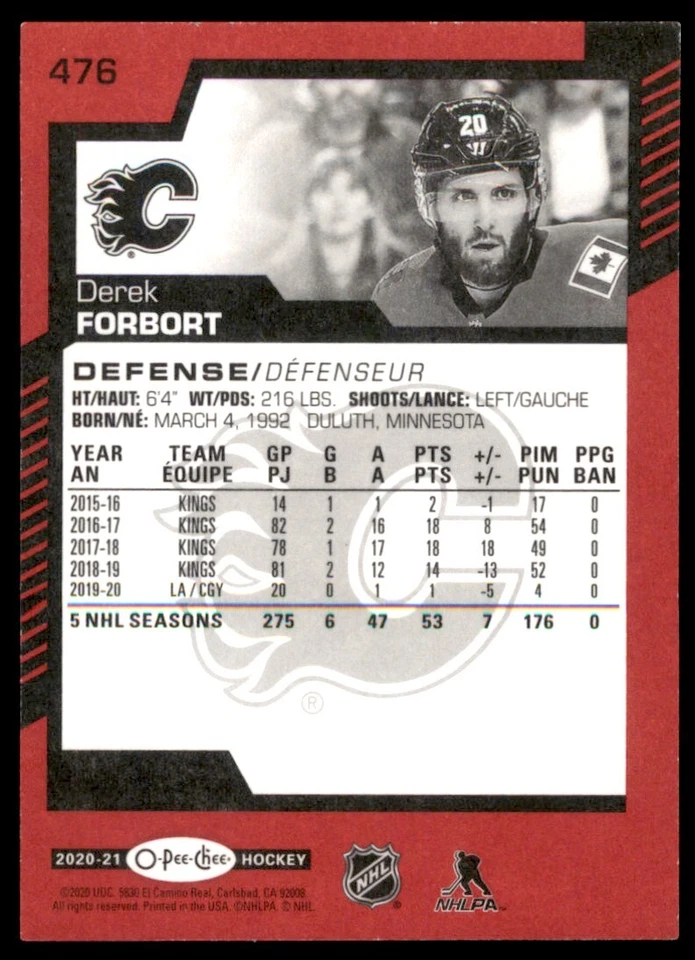 2020-21 O-PEE-CHEE RED DEREK FORBORT CALGARY FLAMES #476 - Image 2 of 2