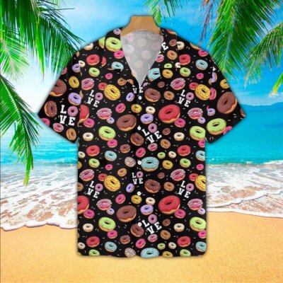 donut dress shirt Men's Food Themed Sugary Donut Patterned Button Down Hawaiian Shirt M / Black