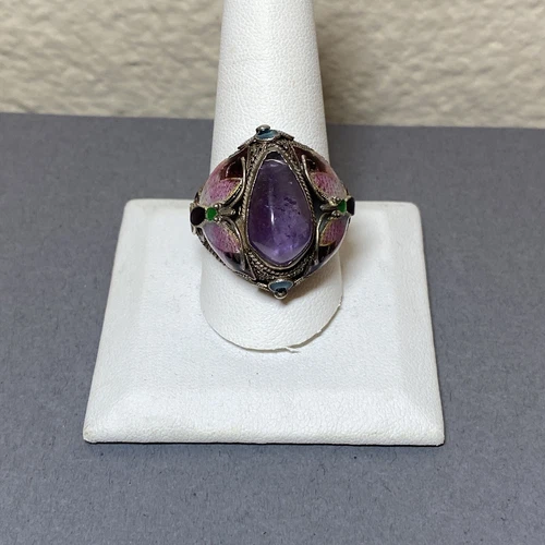 Vintage Sterling 925 silver Purple amethyst and enamel butterfly Ring Size 11