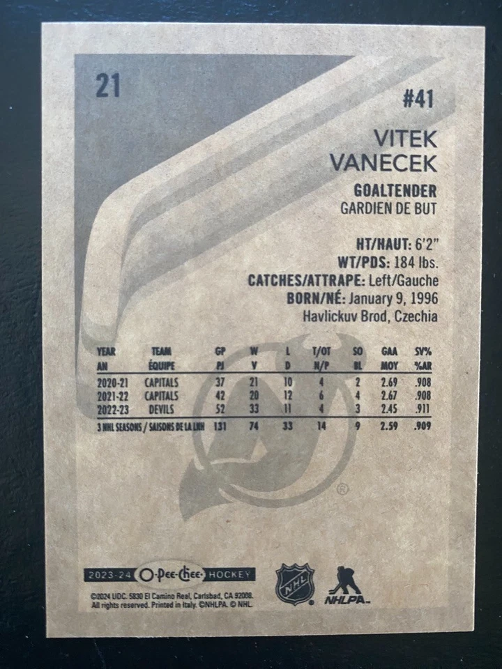 Vitek Vanecek 2023-24 O-Pee-Chee Hockey Retro Rainbow #21 New Jersey Devils - Image 2 of 2