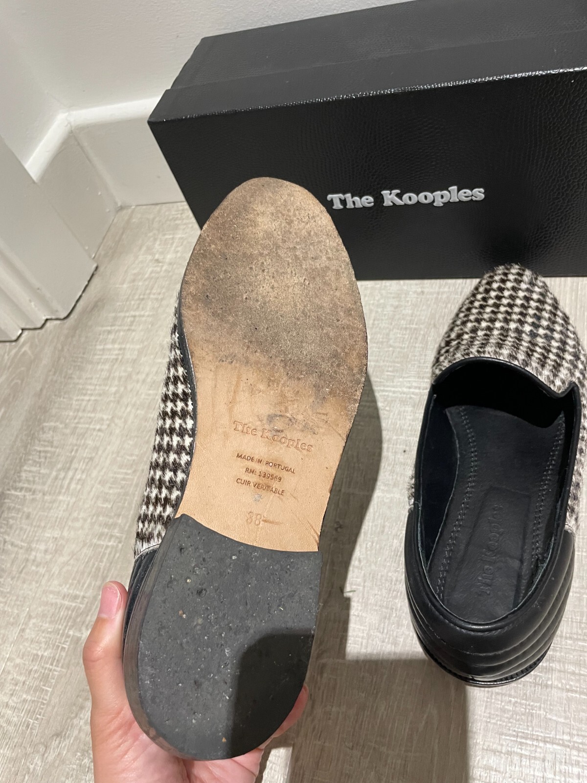 The Kooples Ladies Dogtooth Leather Loafers Flat Slip On Shoes Size 38