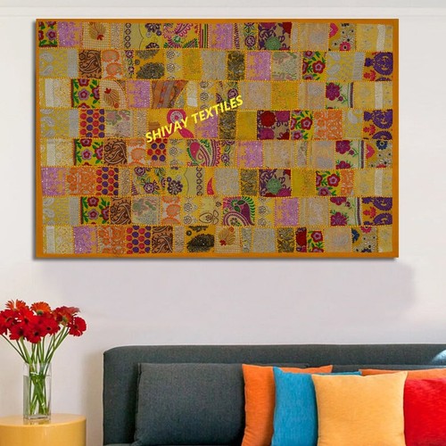 Indian Yellow Cotton Vintage Tapestry Patchwork Wall Hanging Ethnic 40" X 60" - Picture 7 of 7