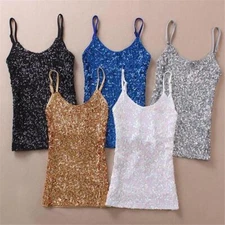 Vest Bling Women Sequin Spaghetti Strap Singlet Glitter Slim Camisole Tank Top