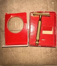 VINTAGE ANTIQUE GILLETTE BALL HANDLE GOLD TONE TECH RAZOR SET BOX damaged