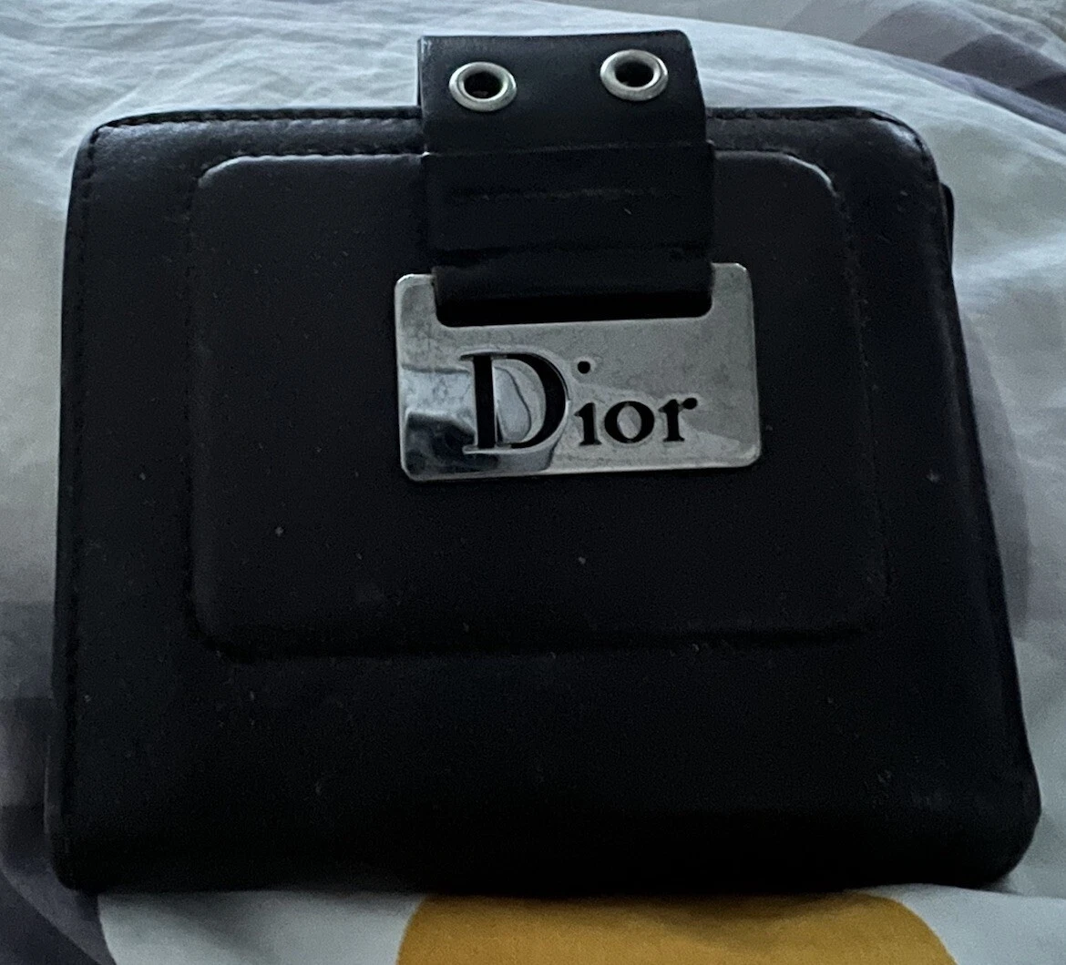 PORTEFEUILLE À MAIN PLIANT FEMME VINTAGE CHRISTIAN DIOR CUIR NOIR CHROME TRIPLE