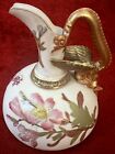 Antique Royal Worcester Pitcher With Gold Winged Dragon Handle Hand Decorated