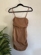 Lulus Ruched Faux Leather Bodycon Mini Dress Strappy Square Neck Brown XS