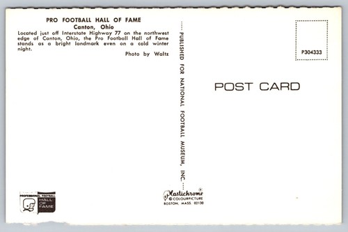 Postcard Ohio Canton Pro Football Hall of Fame Cold Winter Night vintage c1970s - Picture 2 of 2