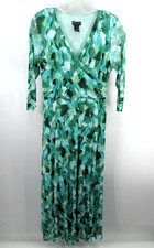 KATE & LILY Maxi Faux Wrap Dress Women 12 Petite Green Artsy Mesh Lined Cottage