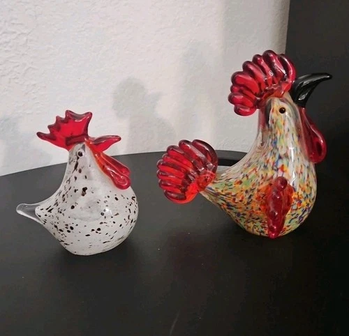 Lot of 2 Vintage Murano Style Hand Blown Art Glass Rooster Figurines