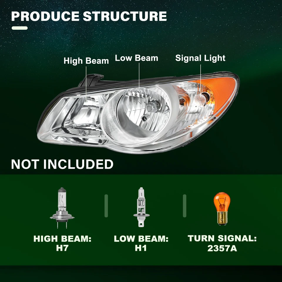 Headlights Assembly For 2007-2010 Hyundai Elantra Chrome Housing Amber Reflector - Image 3 of 4