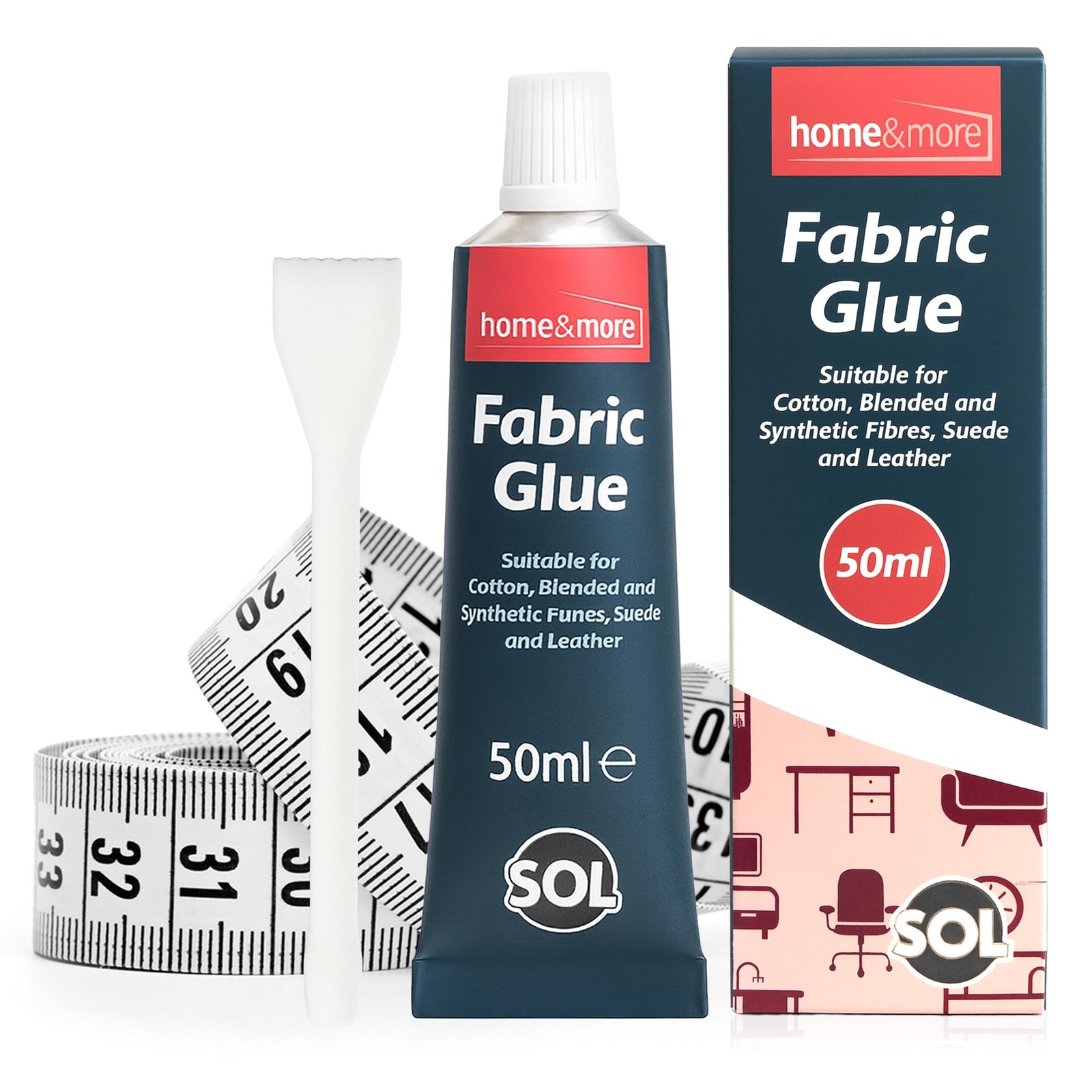 SOL 50ml Fabric Glue Strong with Spreader - Adhesive for Fabrics, White