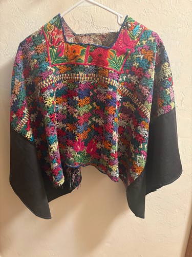 Vintage Guatemalan Huipil Handwoven Embroidered Poncho Skeleton Pattern D6