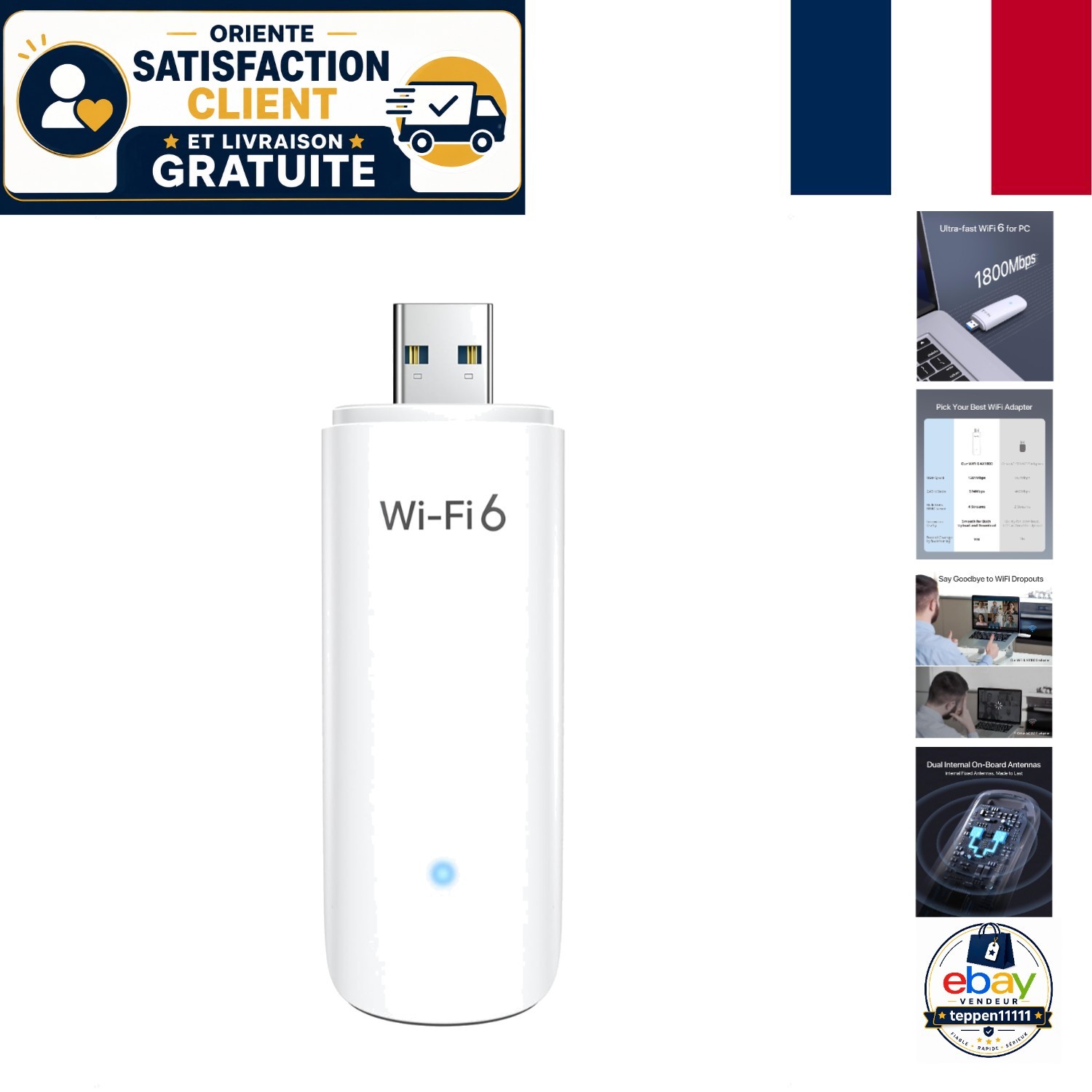 Clé WiFi 6 USB AX1800 Mbps avec antenne performance à haute couverture
