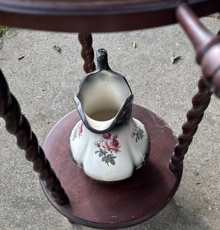 Soporte de lavado de madera vintage con espejo, cuenco y jarra de agua RS Prusia Foto 3 de 4