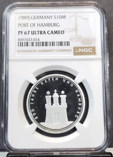 1989 GERMANY SILVER 10 MARK PORT OF HAMBURG NGC PF 67 ULTRA CAMEO GEM PROOF