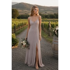 Birdy Grey Jay Crepe Maxi Dress Taupe V-Neck Side Slit Size Medium Bridesmaid