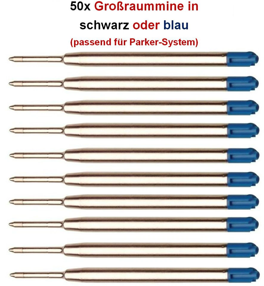 50 x Metall Großraum-Mine, BLAU o. SCHWARZ für Parker-System Kugelschreiberminen