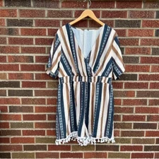 Navy Blue Cream and Tan Striped Surplice Short Sleeve Tassel Hem Romper