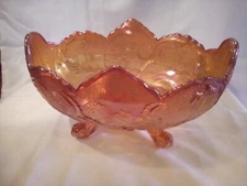 Vintage Jeanette Marigold Carnival Glass Lombardi Oval 4 Footed Bowl 9-3/4"