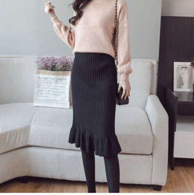 Women Knit Skirt Medium M Black Flounced Elastic Waist Rise High
