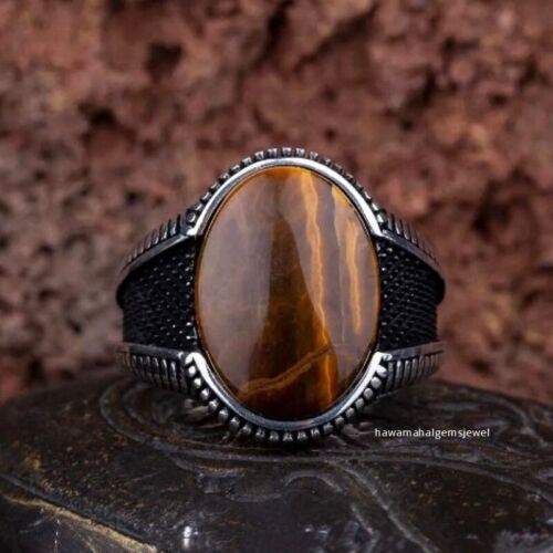 Tiger Eye Handmade Men's Ring 925 Solid Sterling Silver Natural Gemstone Jewelry - Afbeelding 1 van 8