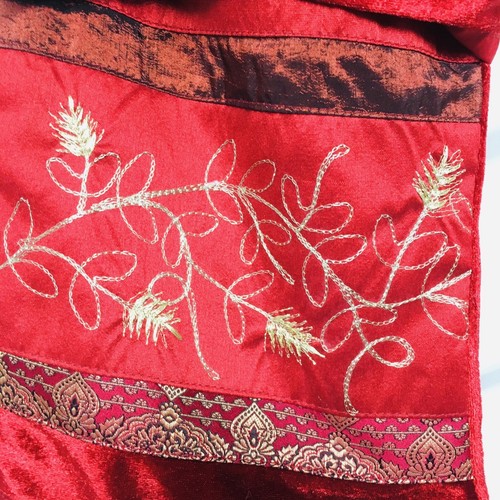 Christmas Stocking Red Velvet and Satiny Embroidered Gold Accents and Tassel - Picture 2 of 9