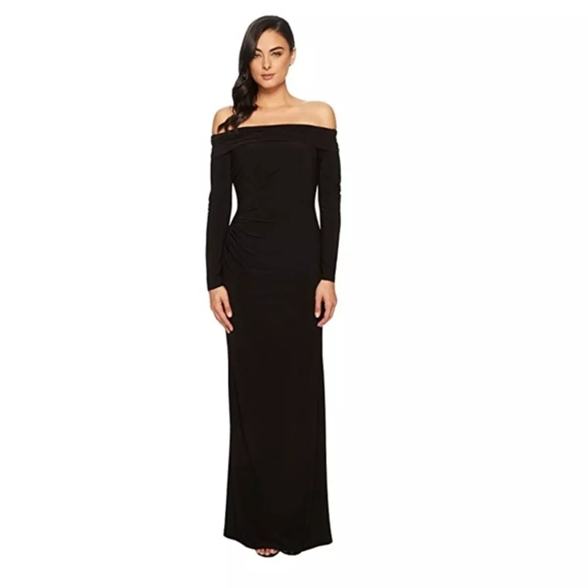 Adrianna Papell Ruched Off Shoulder Long Sleeve Dress Size 6 Black