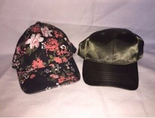 Woman’s Pair Or Time And Tru Baseball Hat Cap Green Shiny, Twill Floral EUC