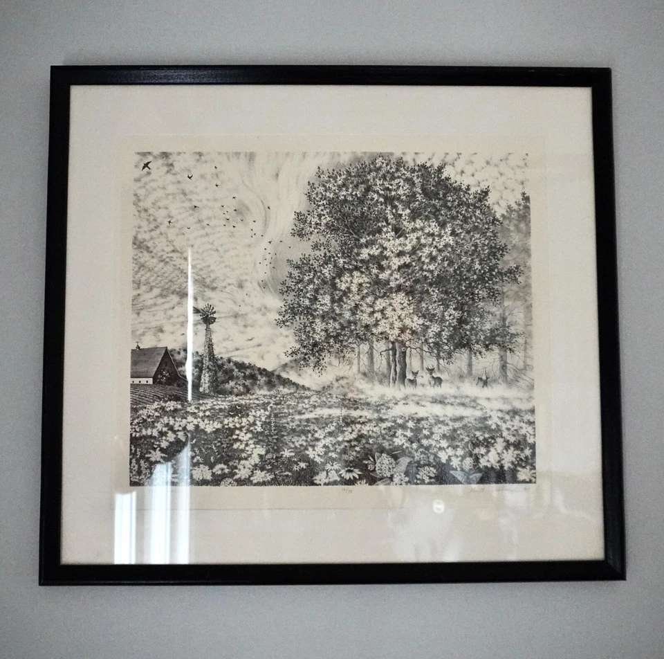 K Seaberg De Colección Litografía Enmarcada Bosque de Ciervos Firmado 16/75 Naturaleza Impresión Granja Foto 2 de 4