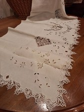 Antica Mantovana Tenda Striscia In Lino Ricamata A Manocon Tombolo Cm190x55.