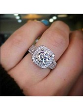 Silver Cubic Zirconia Double Layer Halo Engagement Ring Size 5 6 7 8 9 10 11