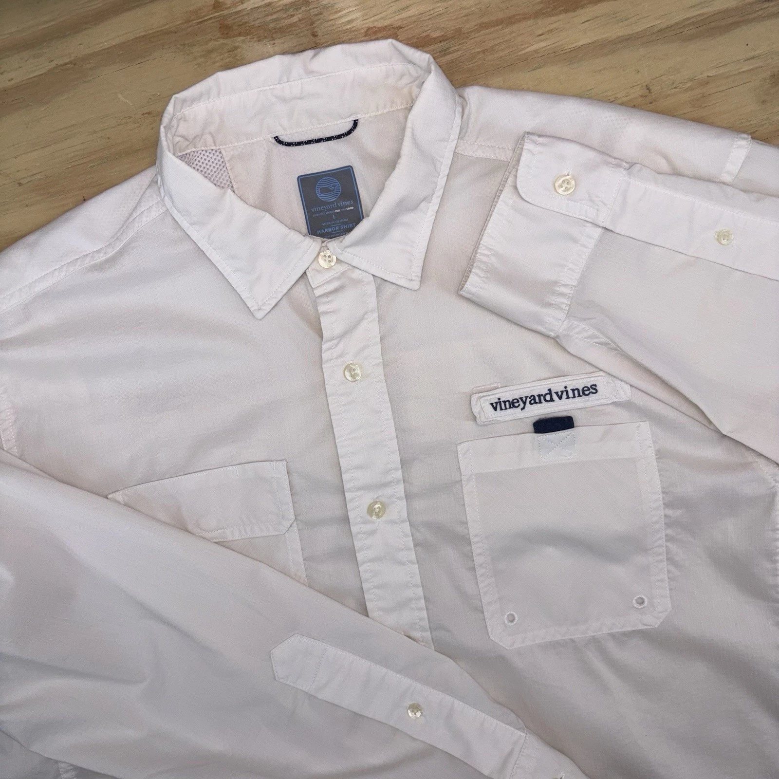 Vineyard Vines Harbor Fishing Shirt Men Large Performance Vented Solid Ivory