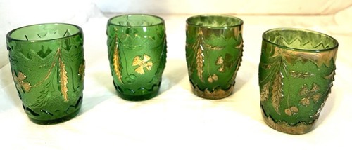 Lot FOUR - 3.75" tall Tumblers - EAPG DELAWARE pattern Emerald Green w/gold
