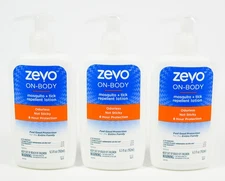 3 bottles Zevo ON-BODY Mosquito + Tick Repellent LOTION 6.5oz Skin Outdoor