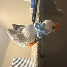 Handmade   Crocheted Plush Goose/Duck White Gray Blue Bow Small 6-14 in 