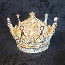 Silver Tone Rhinestone Crown Trinket Box Hinged Lid, Approx. 3 in Diameter