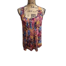 LOFT Floral Pleated Tank Top Sleeveless Blouse Casual Party Yellow Pink S