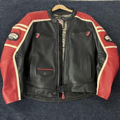 IXS Jacket Mens 46 Black Red Leather Motorcycle Spirit 79 Harley Patch Racing