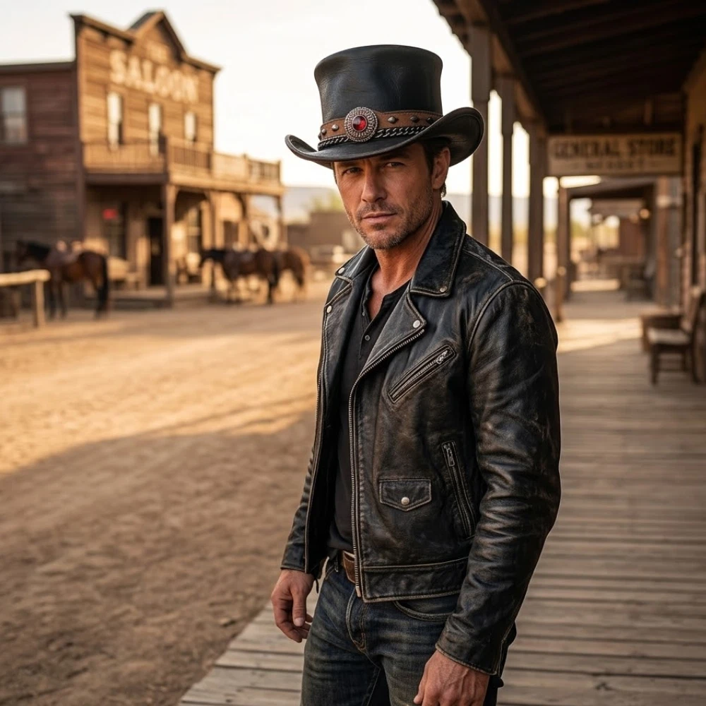 Handmade Black Leather Top Hat with Brown Band Western Steampunk Gothic Festival
Opens in a new wind