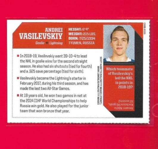 2019 SI Kids ANDREI VASILEVSKIY sifk Rookie Card, Tampa Bay Lightning NHL #835 - Image 2 of 2