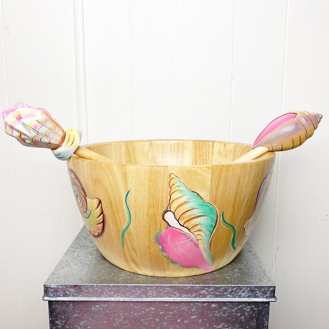 Clay Art Seashell Hand Painted Wooden Salad Bowl Set eBay