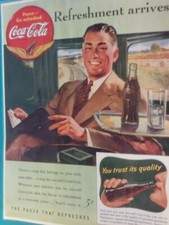 1941 Coca-Cola Bottle art "Refreshment Arrives" Vintage promo print ad
