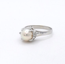 Platinum Akoya Pearl Natural Diamond Ring Engagement sz6 Claw Setting New