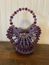 VTG Retro Purple, Lavender, Fuchsia Lg Beaded Safety Pin Basket Folk Art Kitschy