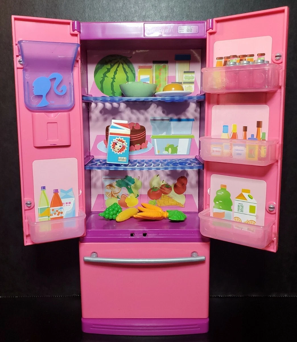 2008 MATTEL GLAM BARBIE PINK REFRIGERATOR w FOOD
