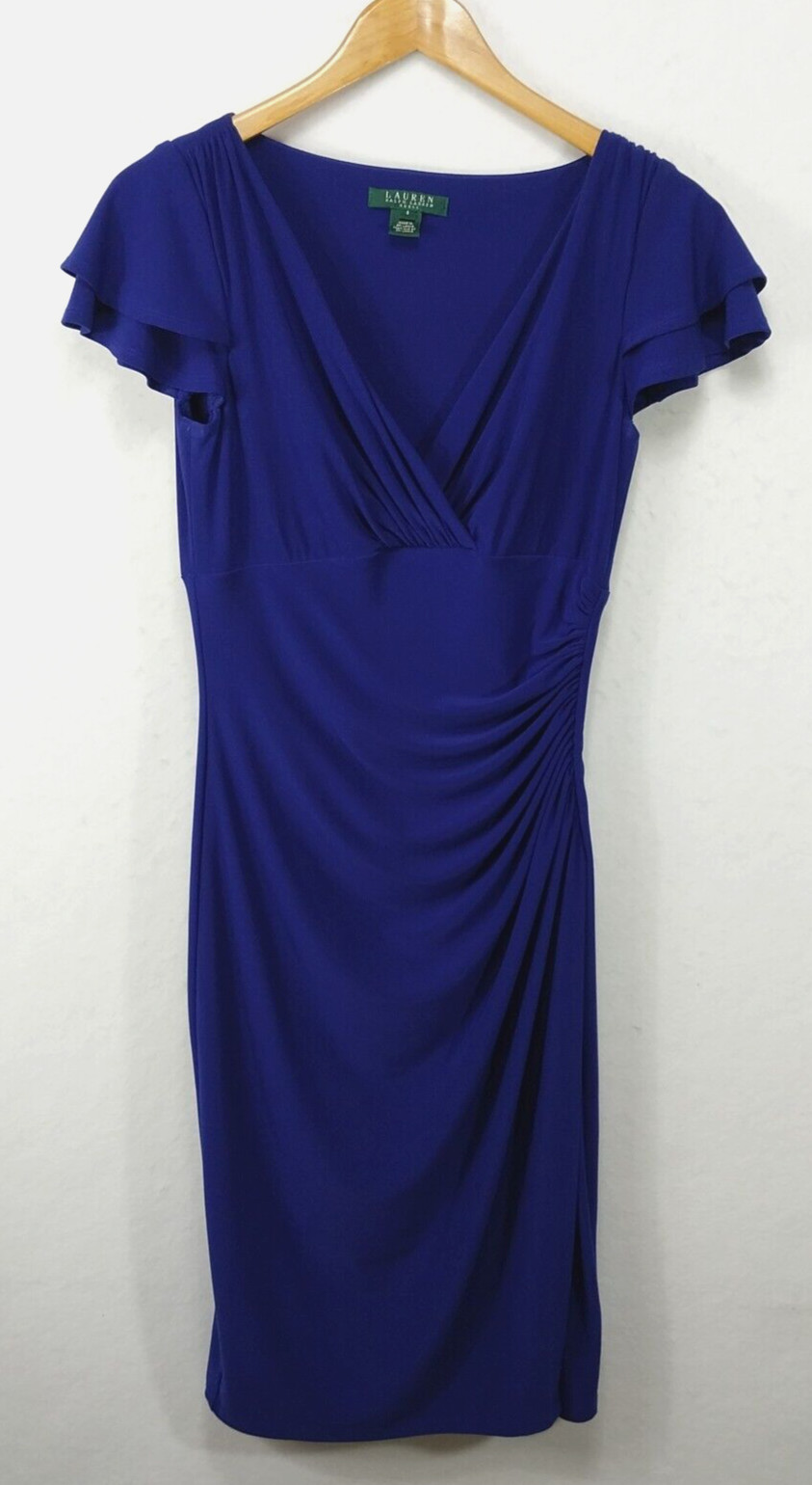 Ralph Lauren Dress 6 Medium Blue Faux Wrap Cocktail Rouched Stretch Short Sleeve
