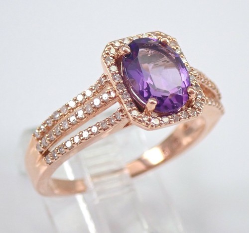 14K Rose Gold Diamond and Oval Purple Amethyst Halo Engagement Ring Size 7 - Picture 2 of 5
